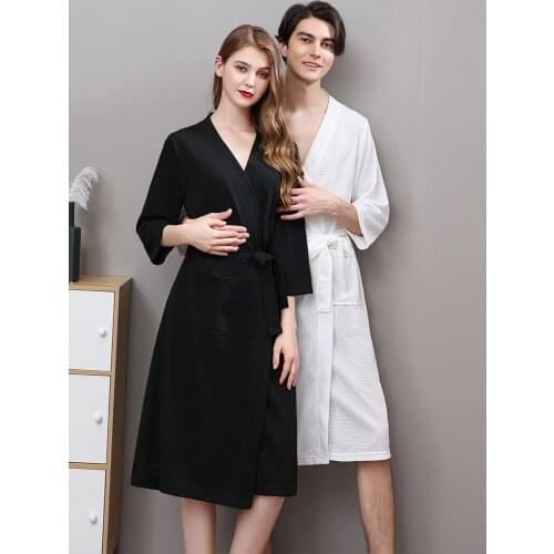 New Women Men Bath Robe Waffle Shower Sleepwear Nightgowns Male Female Bathrobe Long Woman Man Pajamas Bademantel