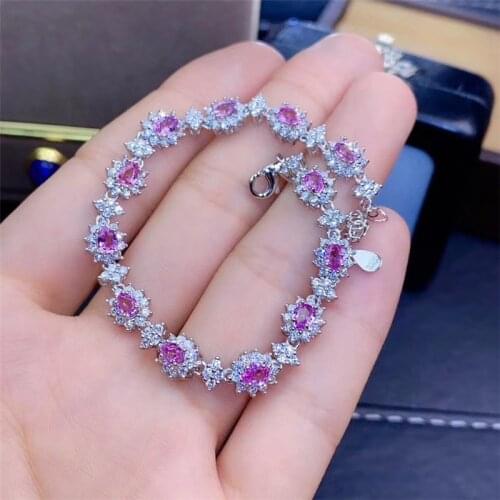 Fine Jewelry 925 Sterling Silver Inlaid Natural Pink Sapphire Bracelet Noble Female Bracelet Support Testing