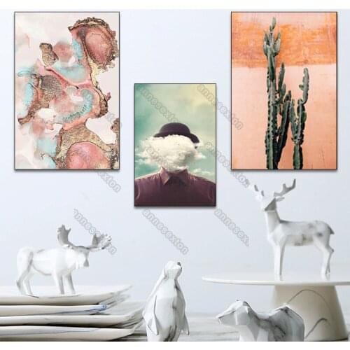 Nordic Style Canvas Painting Abstract Watercolor Pink Picture Cactus Poster Men Face Cloud for Home Rooms Gallery Wall Decoratio