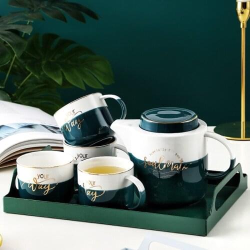 Chinese Ceramic Cool Water Pot Cup Set Household Living Room Drinking Cup 4 PCs with Tray Heat Resistant Cold Water Jug Nordic