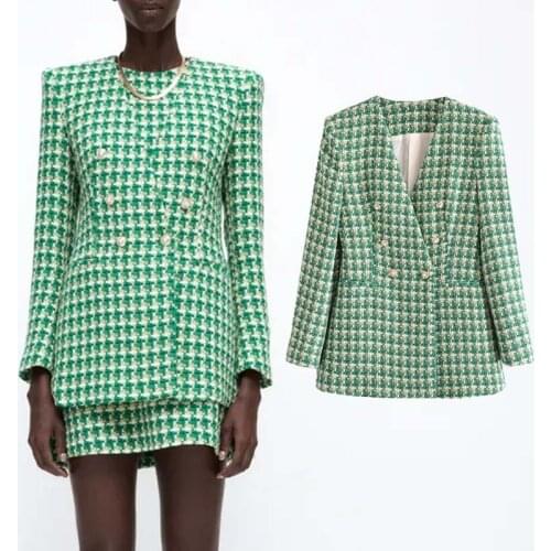 Klkxmyt Za Blazer Women 2021 Fashion Tweed Double Breasted Blazer Coat Vintage Long Sleeve Female Outerwear Chic Veste Femme