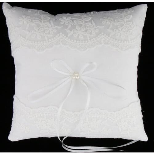 MagiDeal Romantic Wedding Ceremony Party Pearls Lace Ring Pillow Cushion Bearer for Bridal Engagement Proposal Favor 20 x 20 cm
