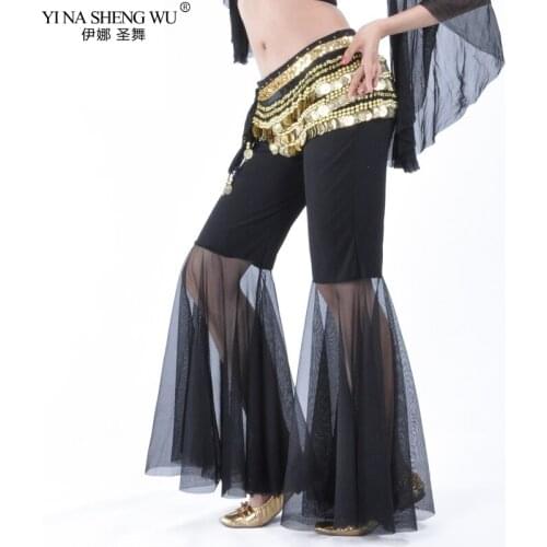 Belly Dance Costumes Tousers Women Crystal Cotton Mesh Flares Tribal Belly Dance Performance Stage Dancers Clothing Long Pants