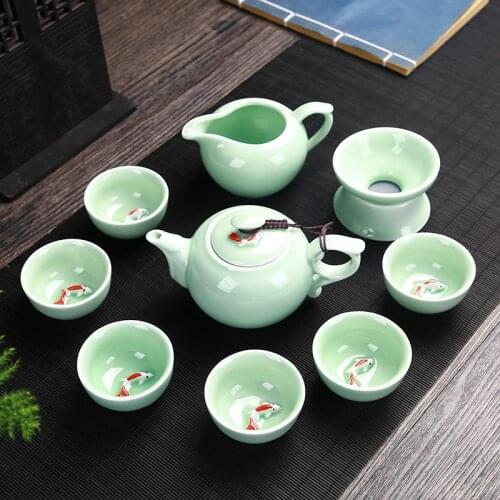 Longquan celadon colored carp kung fu tea set 3D Celadon ceramics tea set Chinese Cover bowl teapot fish cup set