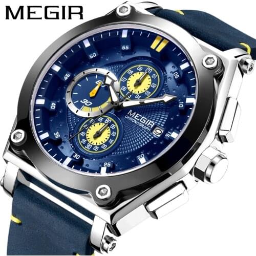 MEGIR 2021 New Leather Fashion Luminous Mens Sport Watch Waterproof Chronograph Calendar Watches Quartz Relogio Masculino 2098G