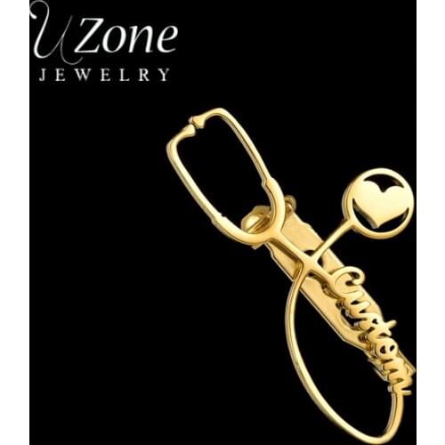 Uzone Custom Medical Stethoscope Brooches Stainless Steel Personalized Heart Name Brooch Pins For Women Men Nursing Jewelry Gift
