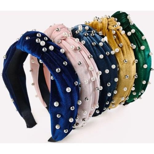 Fashion Velvet Cross Knotted Headbands Pearls Beads Nailed Hairbands Women Elegant Wide Hair Hoop No Slip Vintage Accessories