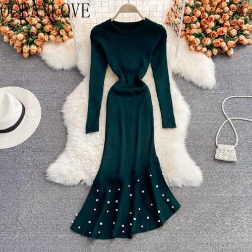 OCEANLOVE Autumn Winter Sweater Dresses Women Solid Beading Mermaid Knitting Korean Robe Femme 2021vintage Vestidos Irregular