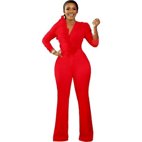 African Clothes for Women 2021 Spring and Summer African Women Long Sleeve V-neck Solid Color Long Jumpsuit