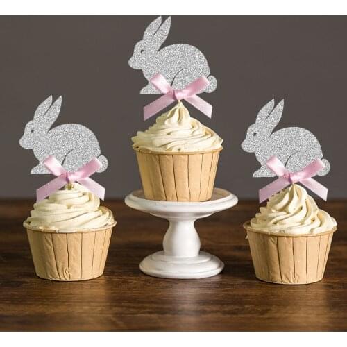 Custom Bow & Gold/Silver/Black Glitter Rabbit Easter Cupcake Toppers/Birthday Party Decoration Favors Cake Decorations Picks