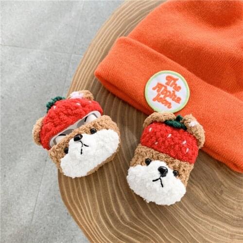 Cute knitting Strawberry Hat Shiba Inu Plush Case for Airpods 1 2 Pro Protective Bluetooth Wireless Earphone Cover Accessories