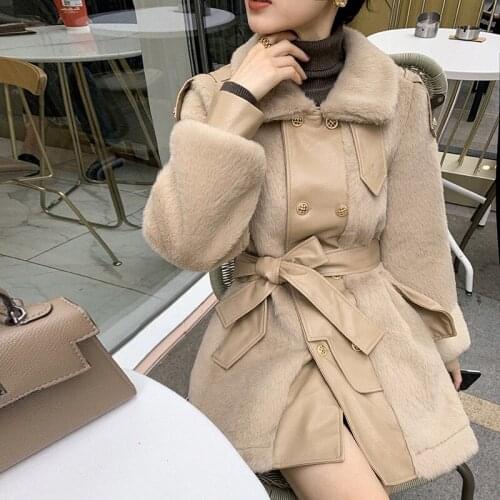 LMQ NEW 2020 Winter Women Jacket Fashion Plush Patchwork Belt Retro Loose Long Sleeve Plus Size Tops Female Casual Coat