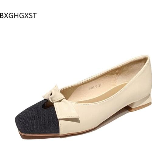 Flats Korean Shoes for Women 2021 Butterfly-knot Loafers Leather Shoes Women Square Toe Slip on Boat Shoes Women Chaussure Femme