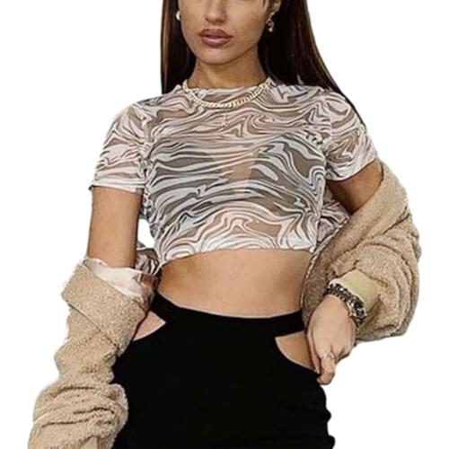 Womens Nude Short Sleeve Crew Neck Zebra Print Slim Fit Crop Tops Sheer Mesh T-Shirts Casual Elegant Fresh And Cool Hot Sale