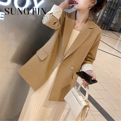 Sungtin Spring Casual Office Lady Blazer Women Loose Stripe Sleeves Elegant Work Suits Female Autumn Button Khaki Black OL Coats
