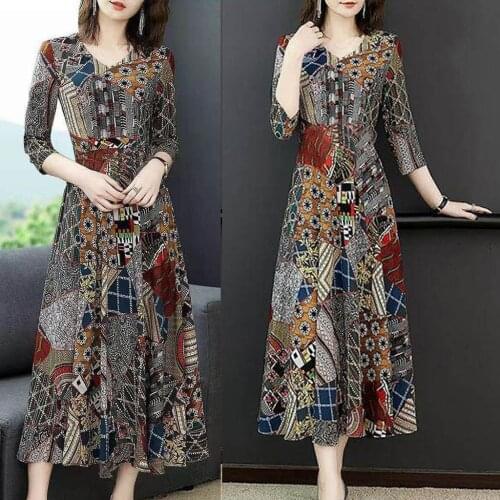 Boho Dress Women Floral Dress V-Neck Three Quarter Sleeve Long Elegant Dress Ladies A-line Party Maxi Dresses vestido des festa