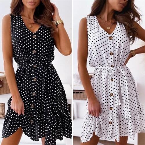 Thorn Tree Summer Office Lady Polka Dot Print Dress Women Tie-Up Belte Ruffles Sexy V-neck Slim High Waist Buttons Party Dresses