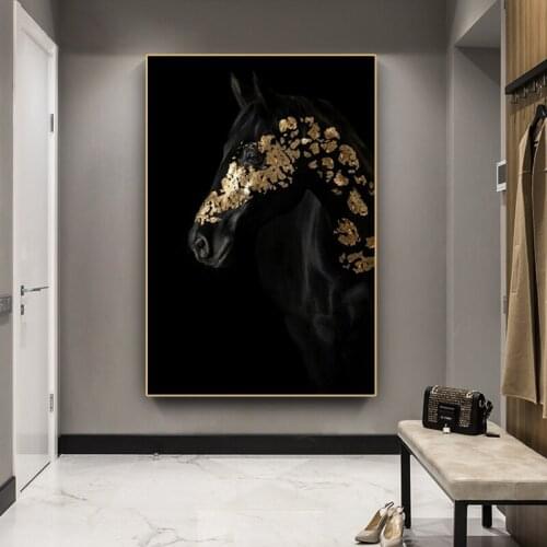 Gold Foil Gold Leaf on Black Horse Face Arabian Horse Pictures Wall Art Light Luxury Animal Print for Living Room Decor Cuadros