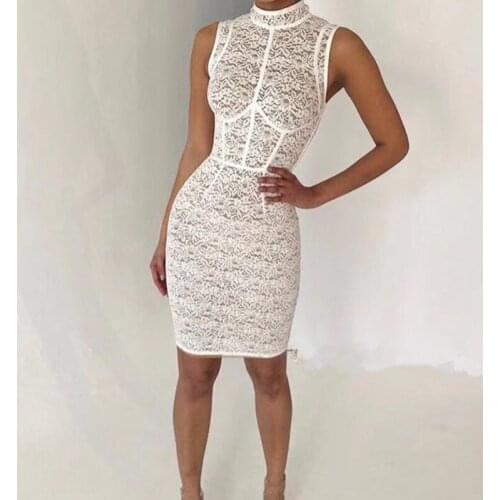 2018 Sexy Women Bandage Dress White Lace Sleeveless Club Bodycon Rayon Bandage Dressses Vestidos Celebrity Outfits