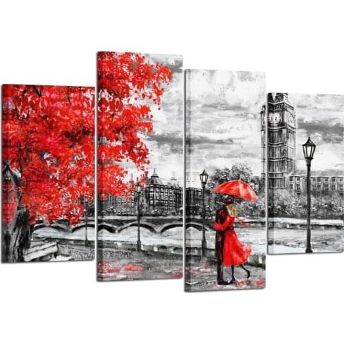4pcs Contemporary Wall Art Black White and Red Umbrella Couple in Street Big Ben Oil Painting Printed on Canvas Drop shipping