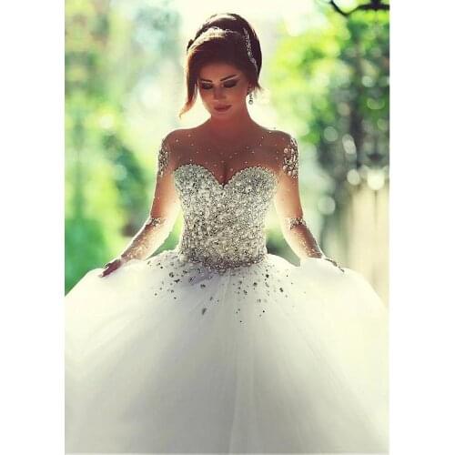 Free Shipping Luxurious Long Sleeves Wedding Dresses Rhinestones Crystals Backless Custom Made Bridal Gown