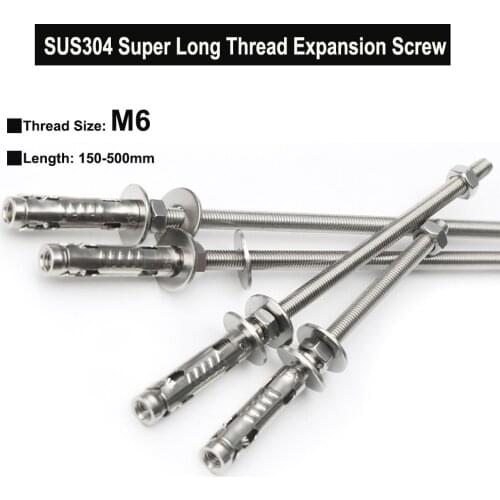 1Pc SUS304 Stainless Steel Lengthening Expansion Screw Super Long Thread Ceiling Expansion Bolt M6 Length 150mm-500mm