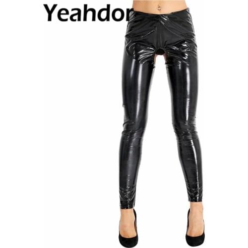 Black Women Sexy Exotic Lingerie Pants Wet Look Shiny Patent Leather Crotchless Open Butt Pants Skinny Stretchy Legging Trousers