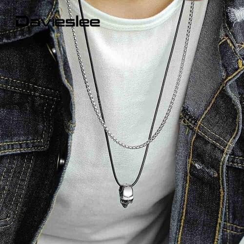 Double Layer Stainless Steel Skull Pendant Necklace Box Link Chain Choker Punk Rapper Leather Necklace For Men 24 inch LDN124