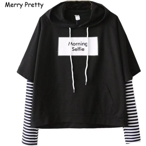 XUANHAO Fake two Pieces Striped Patchwork Hoodies Sweatshirts Autumn Winter Women Letter Print Drawstring Hooded Pullovers