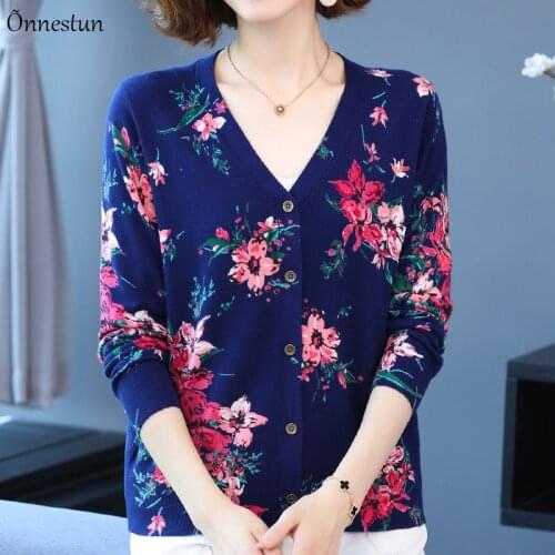 Floral Print Female Cardigan Autumn Spring Knitted Sweaters Women Korean Style Long Sleeve Tops V Neck Cardigans Women