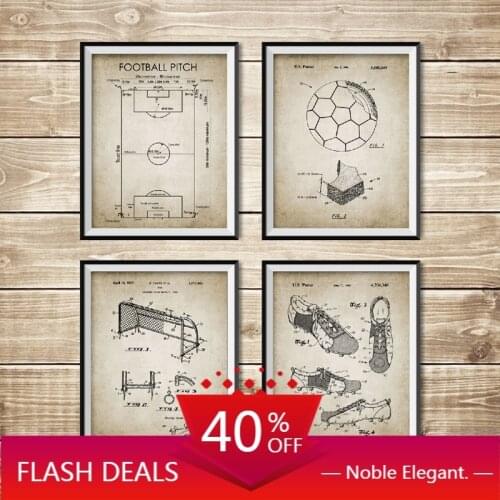 Canvas Painting Vintage Soccer Patent Blueprint Posters and Football Pitch Soccer Ball Boot Goal Net Design Wall Art Home Decor