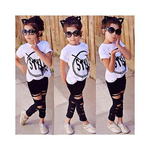 Kids Girls Clothes Set Baby Girl Summer Short Sleeve Print T-Shirt + Hole Pant Leggings 2PCS Outfit Children Clothing Set
