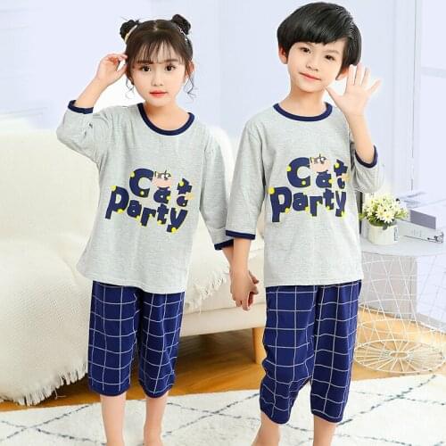 Boys Gir Clothing Sets Children Summer Toddler Clothes Cartoon Kids Teen Clothing Set T-Shirt+Pants Cotton Cat Blue Lattice Suit