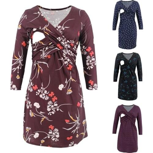 Hot sale Europe and America maternity clothes multi-color printing deep V-neck sleeve cross breastfeeding dress party dress