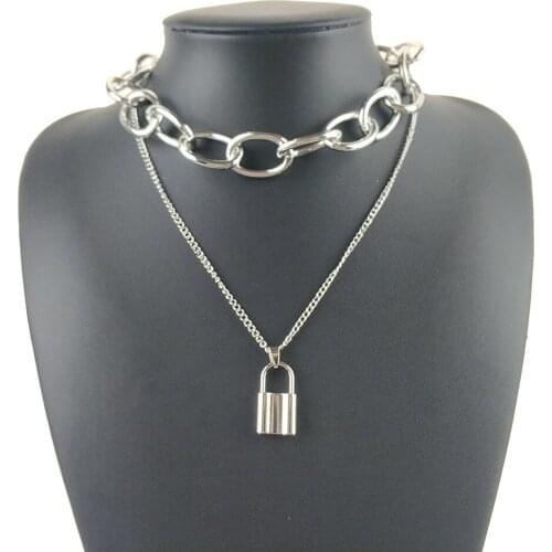 Punk Multi Layer Love Lock Pendant Choker Necklace Women Men Padlock Chunky Chain Necklace Couple Jewelry Gift