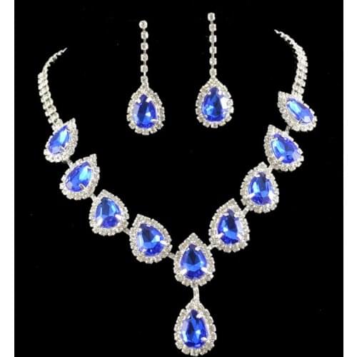Trendy Female Blue Green Crystal Jewelry Set Charm Silver Color Dangle Earring For Women Cute Water Drop Wedding Chain Necklace