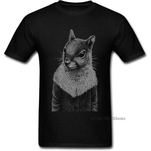 Squirrel In Coat Men T Shirt Summer Clothing Black Vintage Tops Cartoon Printed T-shirt Crew Neck Cotton Mime Tshirt