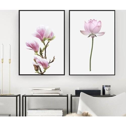 Pink Magnolia Lotus Flower Wall Poster Nordic Botanical Floral Print Scandinavian Canvas Painting Nature Photography Art Picture