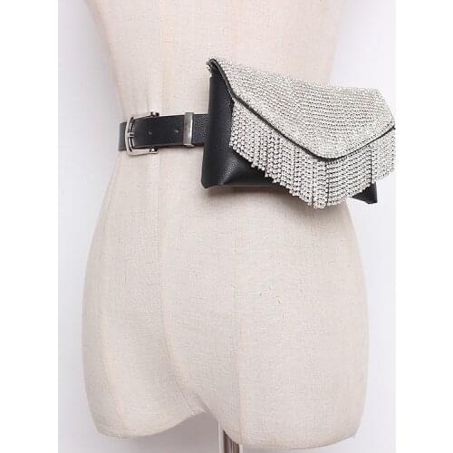 New Fashion Waist Bag Glitter Full Diamond Dark Buckle Pu Leather Belt Pockets Belt Ladies Dual-use Three Optional Tide Bag 729