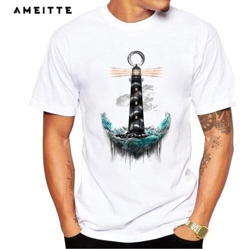 New Arrival Fashion Lighthouse Pattern T-Shirt Retro Mens Personality Hipster White Printed T Shirt Summer Novelty Tops Tee