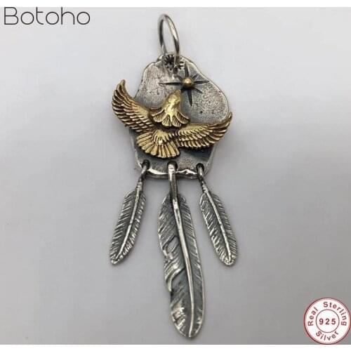 Genuine 100% S925 Sterling Silver colour Vintage Punk Thai Silver colour Feather Eagle Pendant For Women Men Necklace Retro
