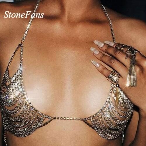 StoneFans Bra Necklace 3 Colors Rhinestone Chain Jewelry Hollow Out New Crystal Gold Chain Necklace Bikini for Valentine Gift