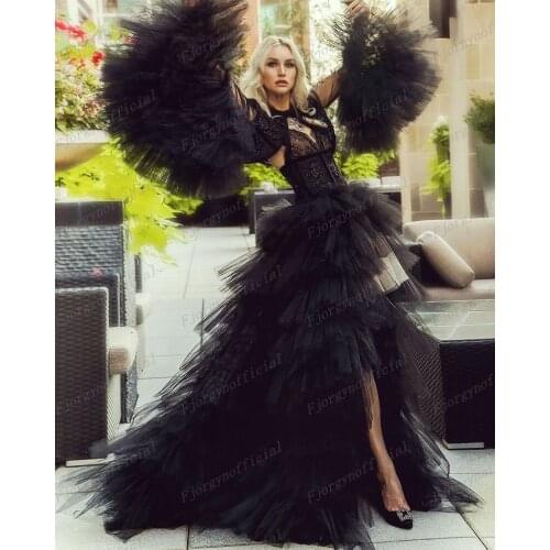 Sexy Black Long Sleeve Puffy Special Occasion Dresses Ruffles Tiered Prom Gowns Women Tulle Robes Split Party Dress Sweep Train