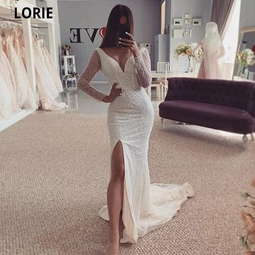 LORIE Elegant Lace Wedding Dresses Mermaid with Full Sleeve Sexy V-neck Open Back Bridal Gowns High Split Custom Made 2021