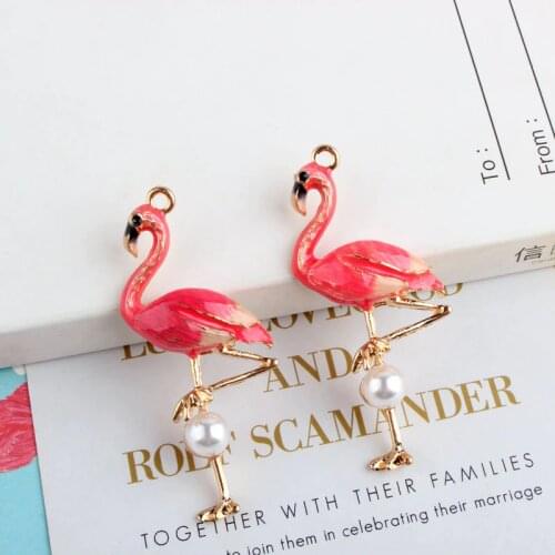 6pcs/lot Red Flamingo Pearl Enamel Charms Bird Pendant Gold Tone Drop Oil Floating DIY Bracelet Keychain Jewelry Accessory YZ288