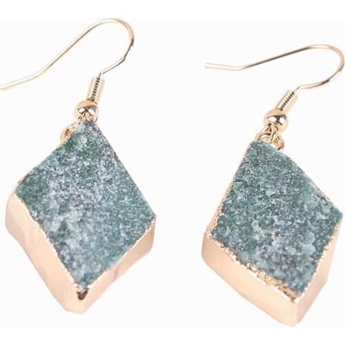 Natural Stone Design Stud Earring Green Aventurine Long DropEarrings Geometric Shape Folk-custom Jewelry For Women Girl Gift