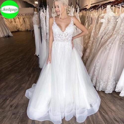 Wedding Dress 2021 Vestidos De Novia Sexy V Neck Spaghetti Straps Tulle A Line Robe Mariage Lace Applique Boda Beaded Bride Gown