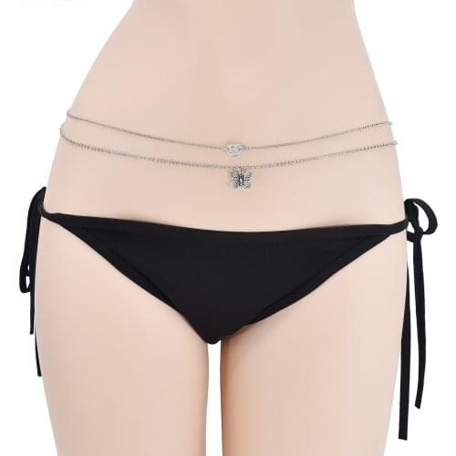 Vintage Silver Color Double Layer Chain Beach Sexy Butterfly Coin Waist Chain For Women Summer Bohemia Fashion Body Waist Chain