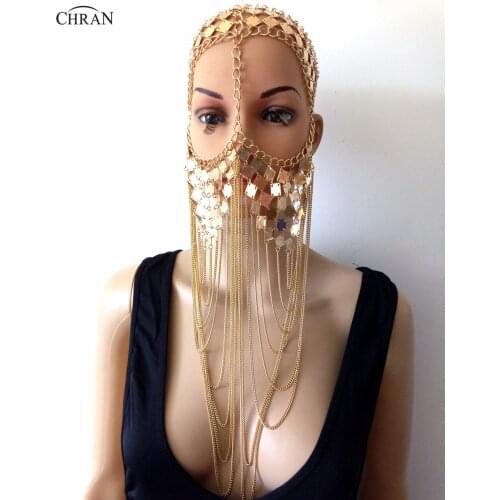 Chran Luxury Fashion Women Punk Multi Layer Metal Head Chain Jewelry Forehead Headband Face Mask Chain Body Jewelry CRH702