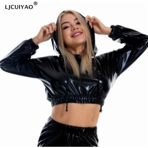 LJCUIYAO New Fashion Women Long Sleeve Crop Tops Short Shiny PU Metallic Hoodie Sweatshirt Jumper Top Short Pullovers S-XXL New